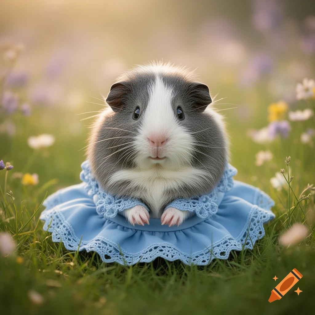 A grey and white guinea pig in a blue lace dress sits in a field of green grass with soft focus wildflowers and golden light in the background.