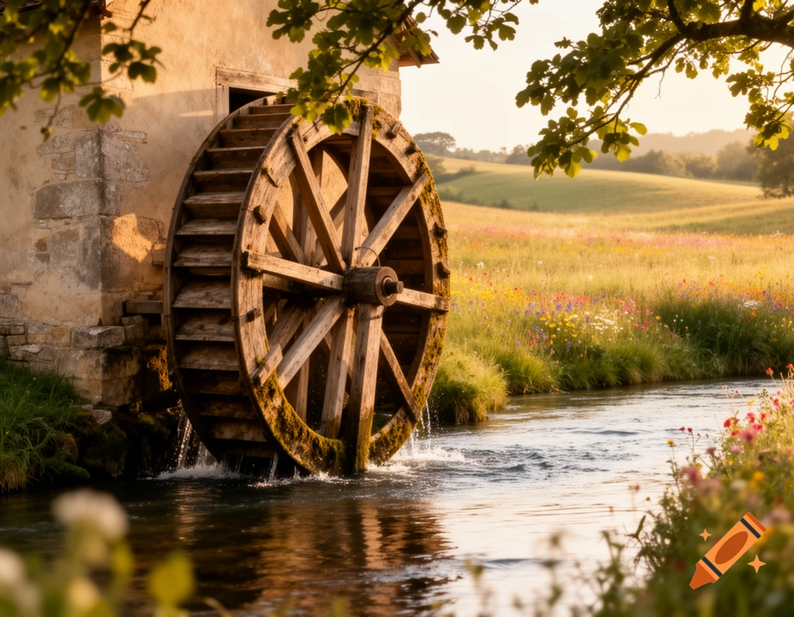 A rustic wooden watermill wheel turns in a sunlit stream next to a vibrant wildflower meadow and green trees.
