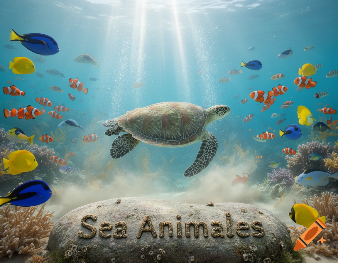 A sea turtle and colorful fish swim over a coral reef with "Sea Animales" on a rock, under sunlit ocean water.