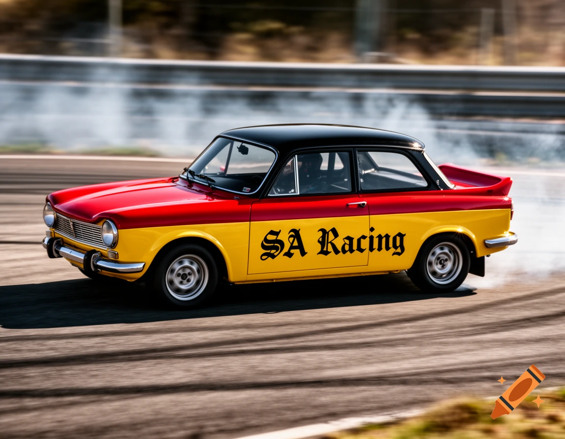 A red and yellow vintage race car with 'SA Racing' on its side drifts on a track, emitting smoke from its tires.