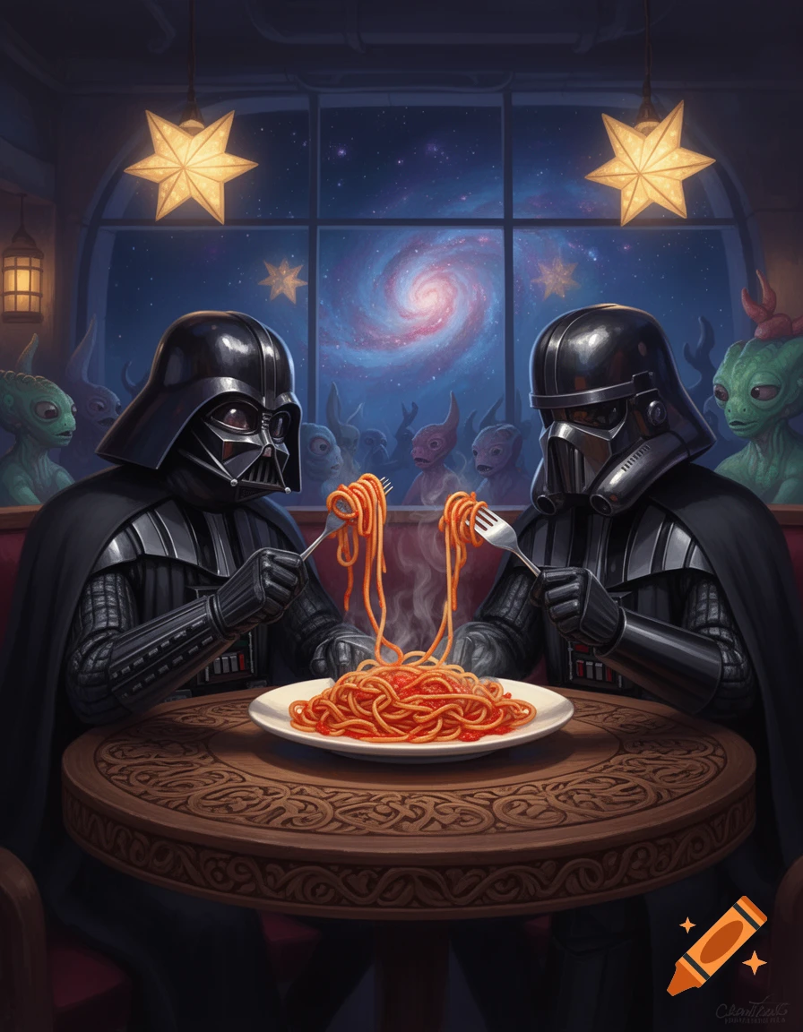 Darth Vader and a Stormtrooper-like figure in black armor sit at a table in a restaurant, eating spaghetti with forks. A cosmic galaxy is visible through a large window, with various aliens watching from the background. The scene is brightly lit by star-shaped lamps.