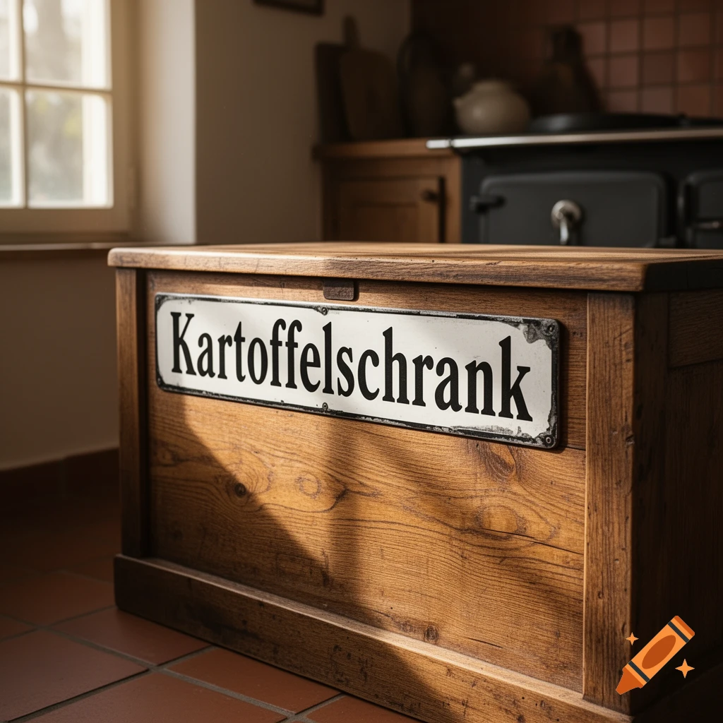 Photorealistic image of a wooden chest with a white sign saying 'Kartoffelschrank' in a sunlit kitchen.