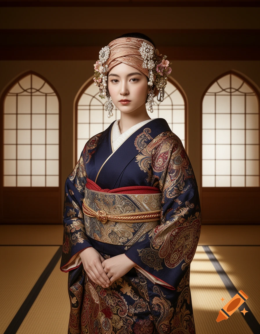 A woman in a navy and gold patterned kimono and ornate turban with pearl and floral headwear stands in a Japanese-style room.