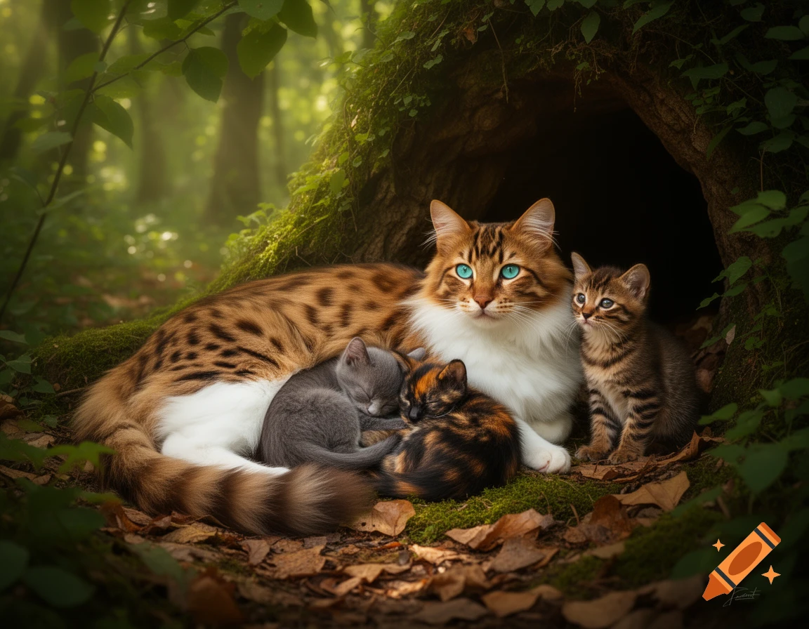 A proud, long-furred reddish-brown cat with turquoise eyes guards two sleeping kittens on her belly and a third sitting nearby, all nestled in a mossy tree root hollow in a dappled forest.