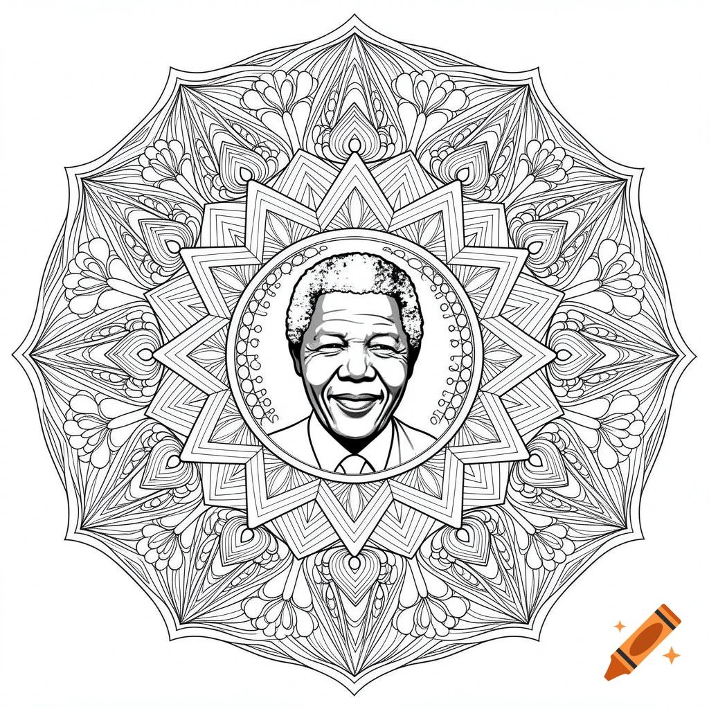 Black and white line art mandala featuring a portrait of Nelson Mandela in the center, designed for coloring.