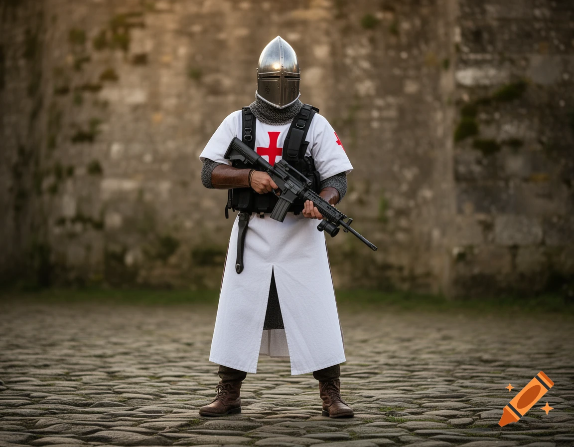 A crusader in a helmet and white tabard with a red cross, wearing a tactical vest and holding an AR-15 rifle on a cobblestone path.