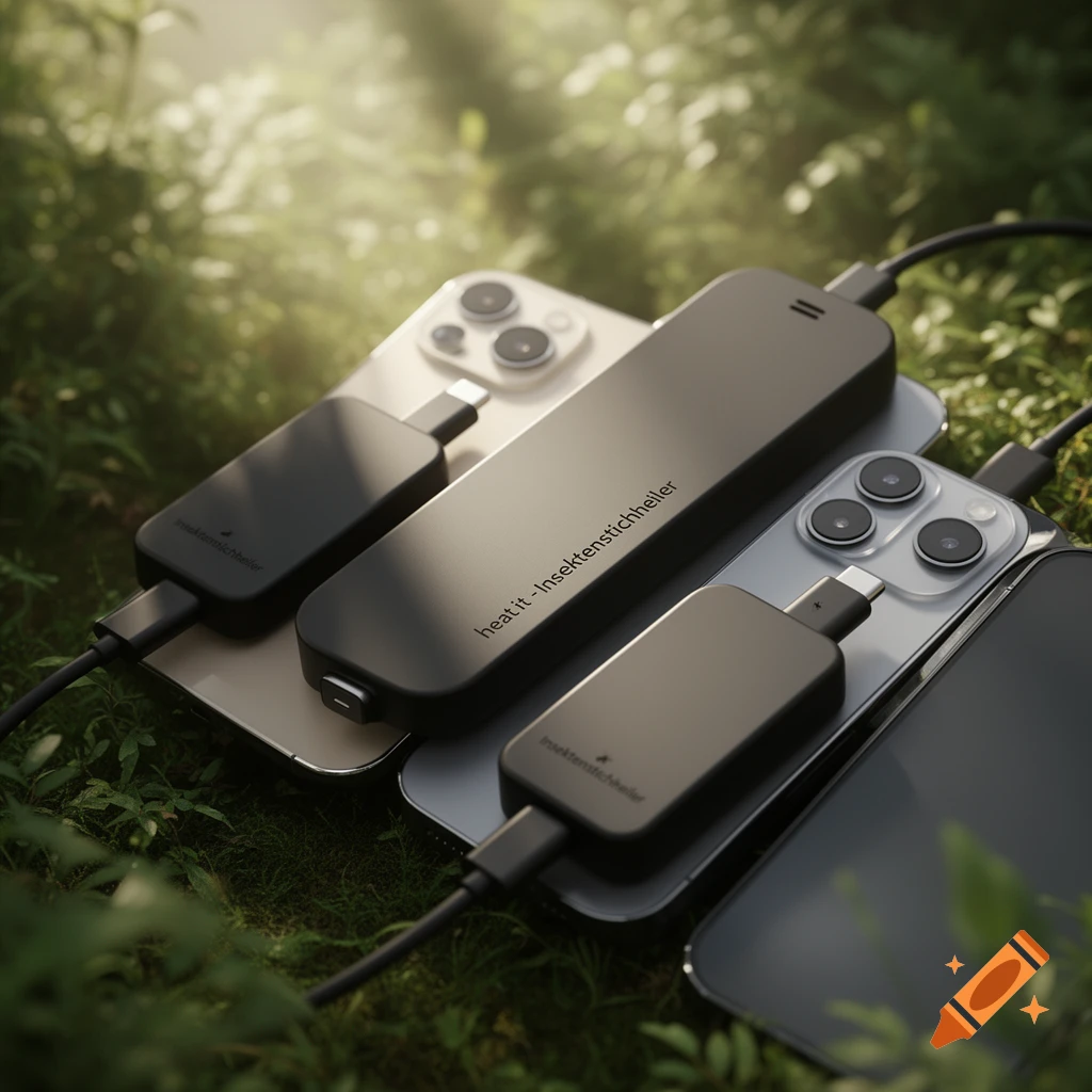 Photorealistic image of multiple smartphones and black 'heat it - Insektenstichheiler' devices connected, resting on green grass in sunlight.
