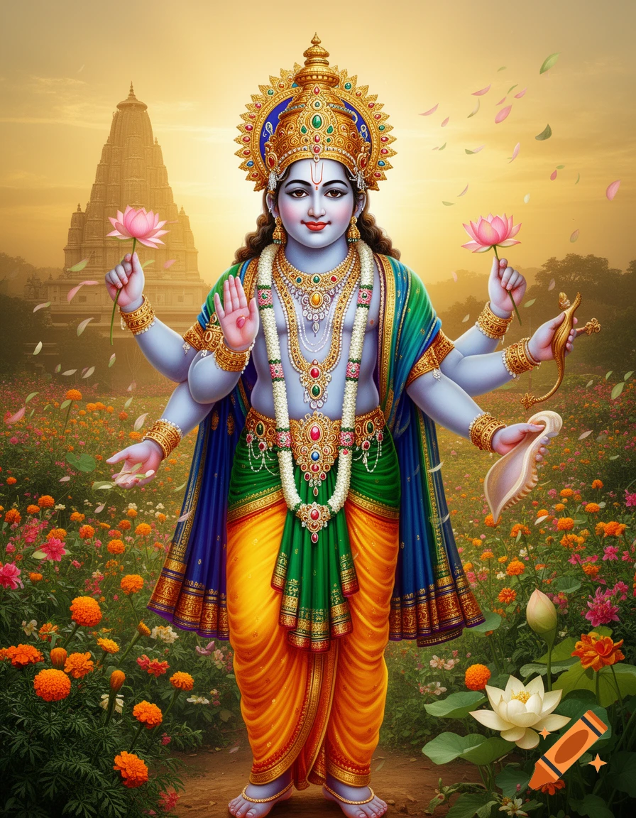 Multi-armed Hindu deity Vishnu with blue skin, golden crown, and traditional garments stands in a vibrant flower field with a temple in the background.