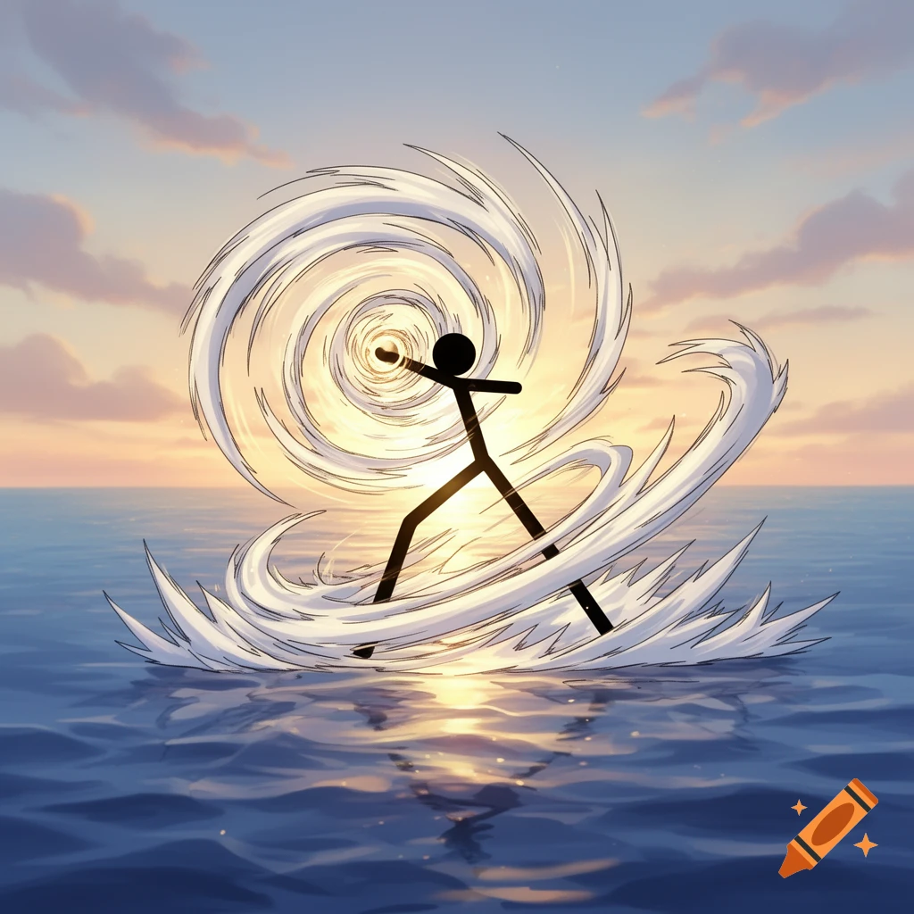 A black stickman stands on the ocean, generating a large, white swirling vortex of energy around it, with a sunset in the background.