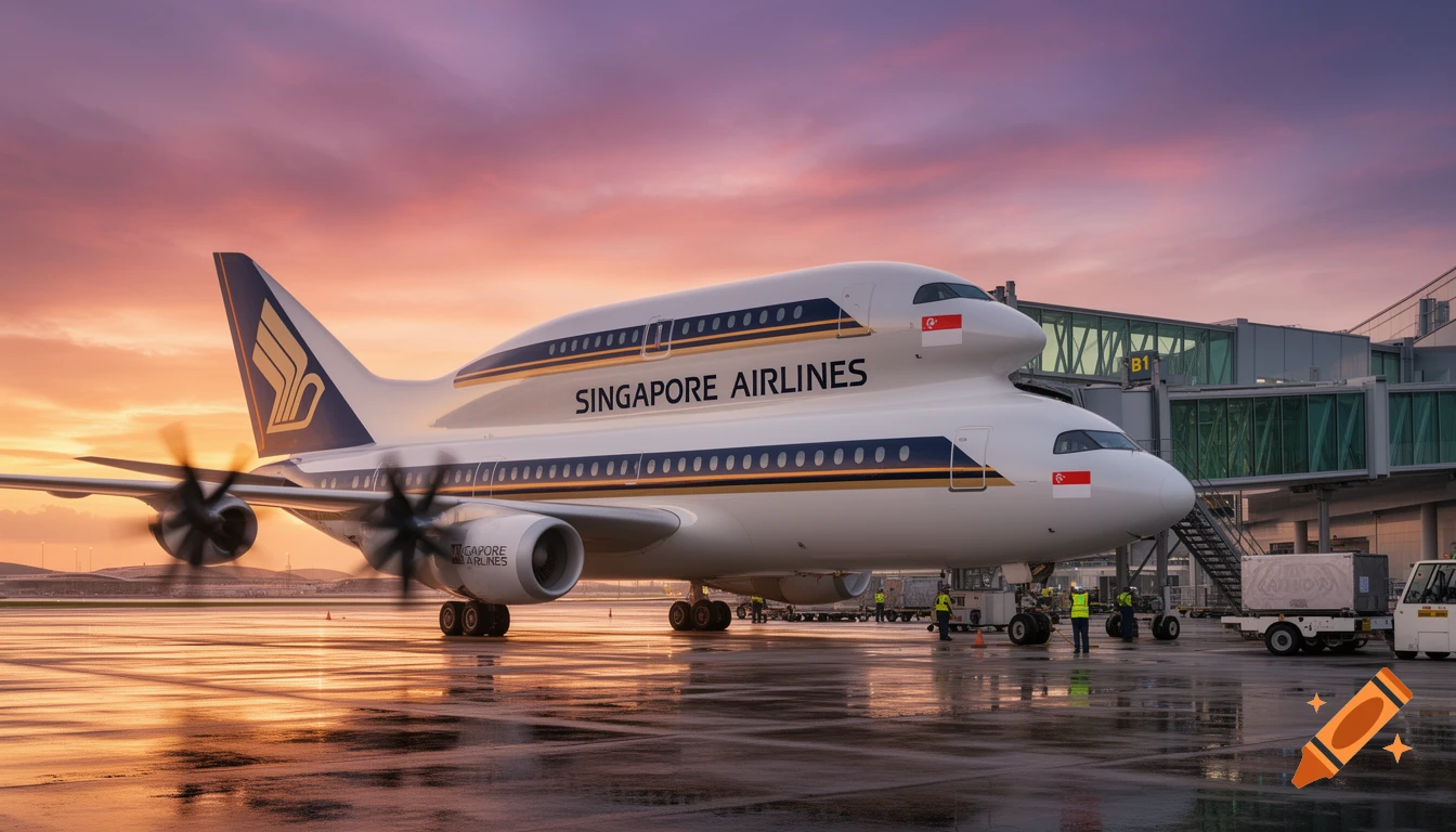 A futuristic double-deck Singapore Airlines turboprop plane with rotating propellers parked on a wet tarmac at sunset. A jet bridge connects to the upper deck, and ground crew are visible. Photorealistic.
