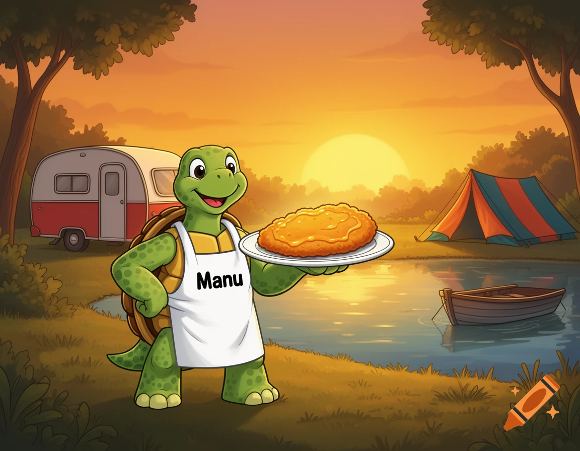 A smiling cartoon turtle in an apron holds a schnitzel on a plate at a campsite with a caravan, tent, and lake during sunset.
