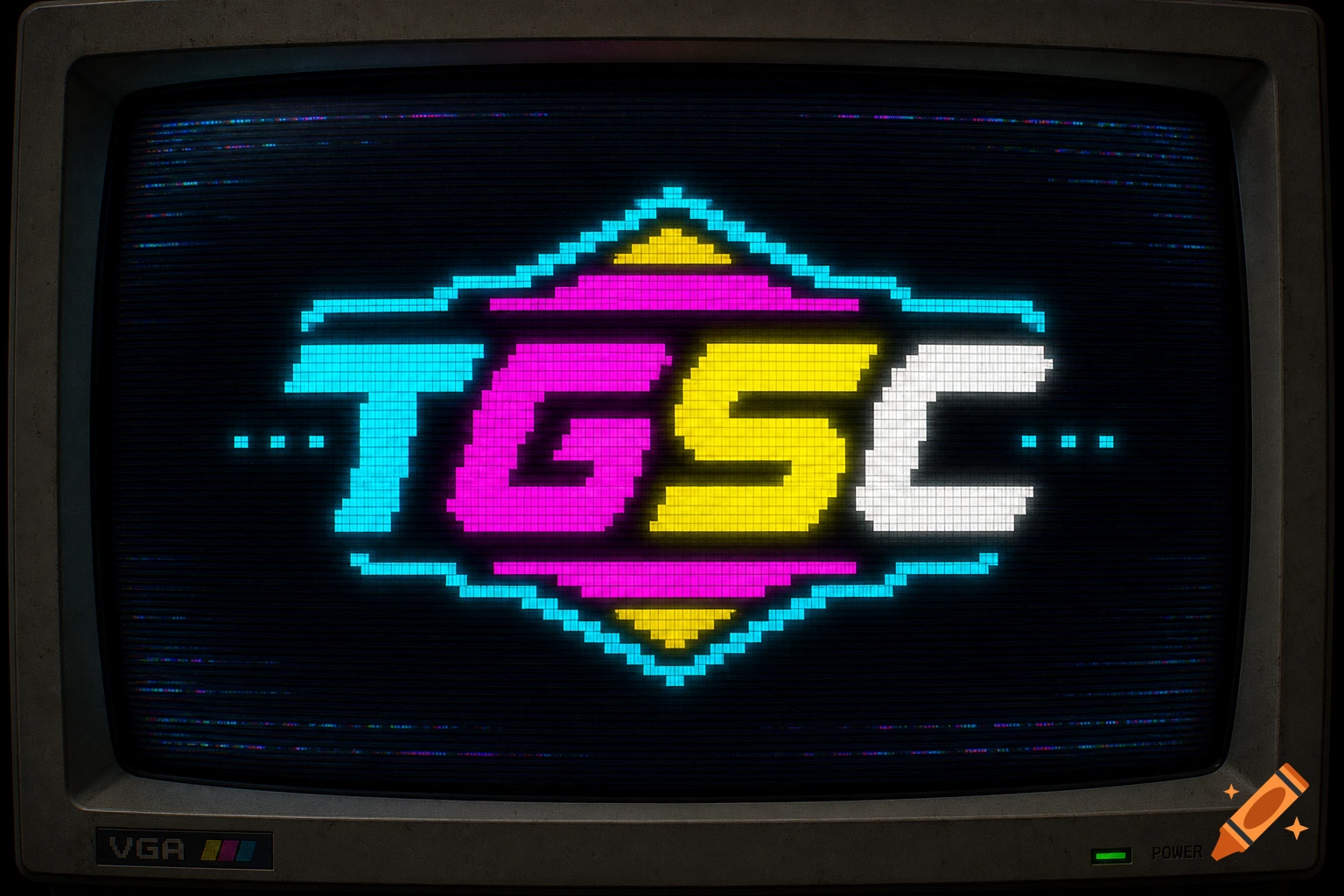 A pixelated 'TGSC' logo in cyan, magenta, yellow, and white on a retro CRT computer monitor with scan lines.