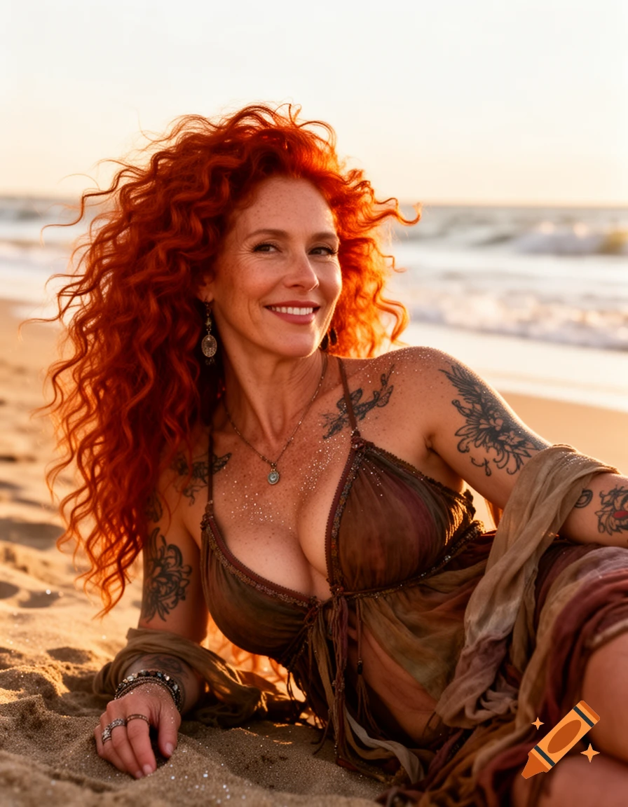 Smiling woman with long red curly hair and tattoos, reclining on a beach at sunset, wearing a boho dress.