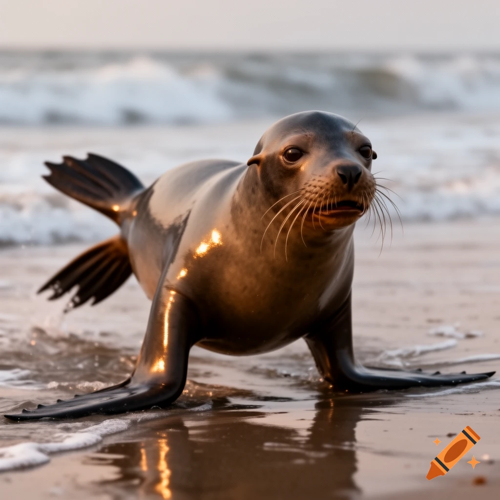 A photorealistic sea lion emerges from the ocean onto a sandy beach during sunset.