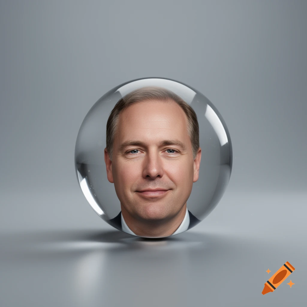 A man's head, resembling Peter Thiel, inside a clear, refractive sphere on a gray background in a photorealistic style.