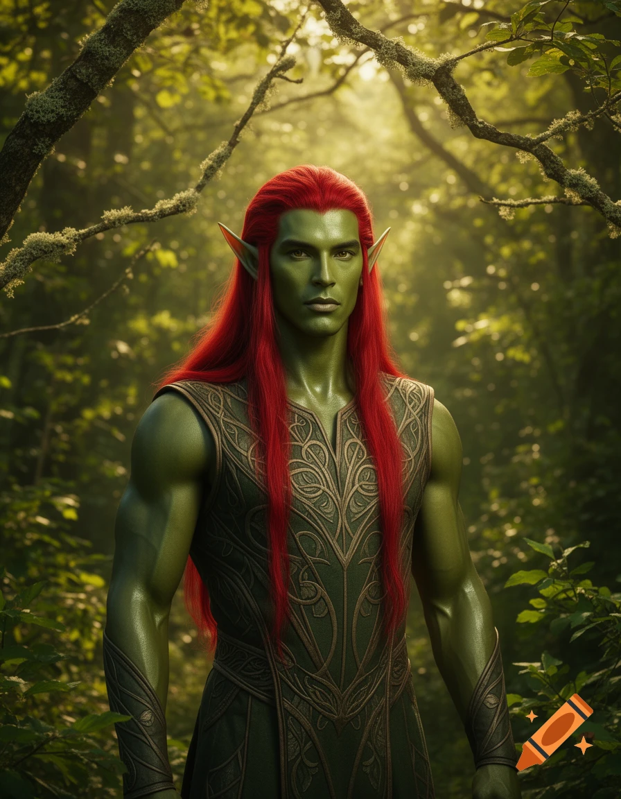 A muscular male elf with olive green skin and long bright red hair stands in a sun-dappled forest.