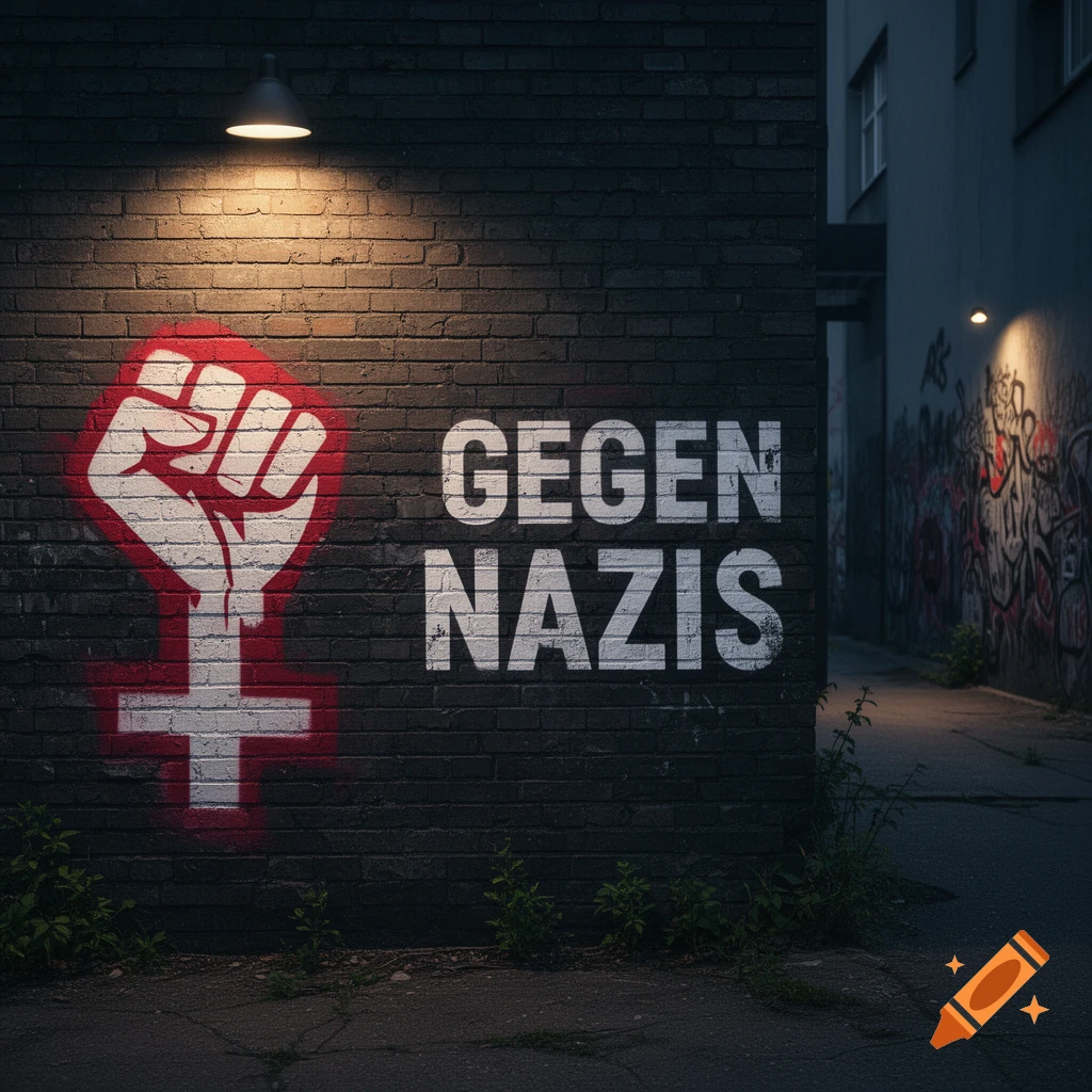 A red feminist fist symbol and white text 'GEGEN NAZIS' spray-painted on a dark brick wall in an urban alley.