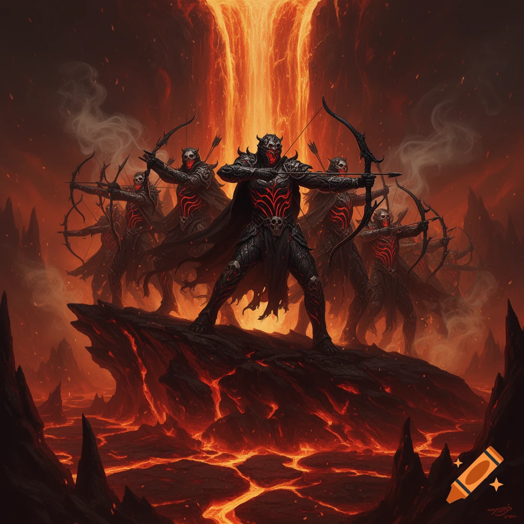Demon archers in dark armor with glowing red patterns stand on a rocky outcrop above a lava river, under a volcanic eruption.