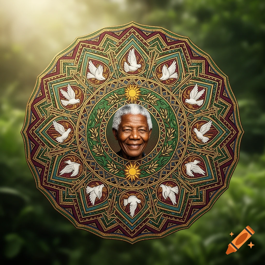 Nelson Mandela's smiling face centered in a vibrant, intricate mandala adorned with doves and sun motifs, on a blurred green background.