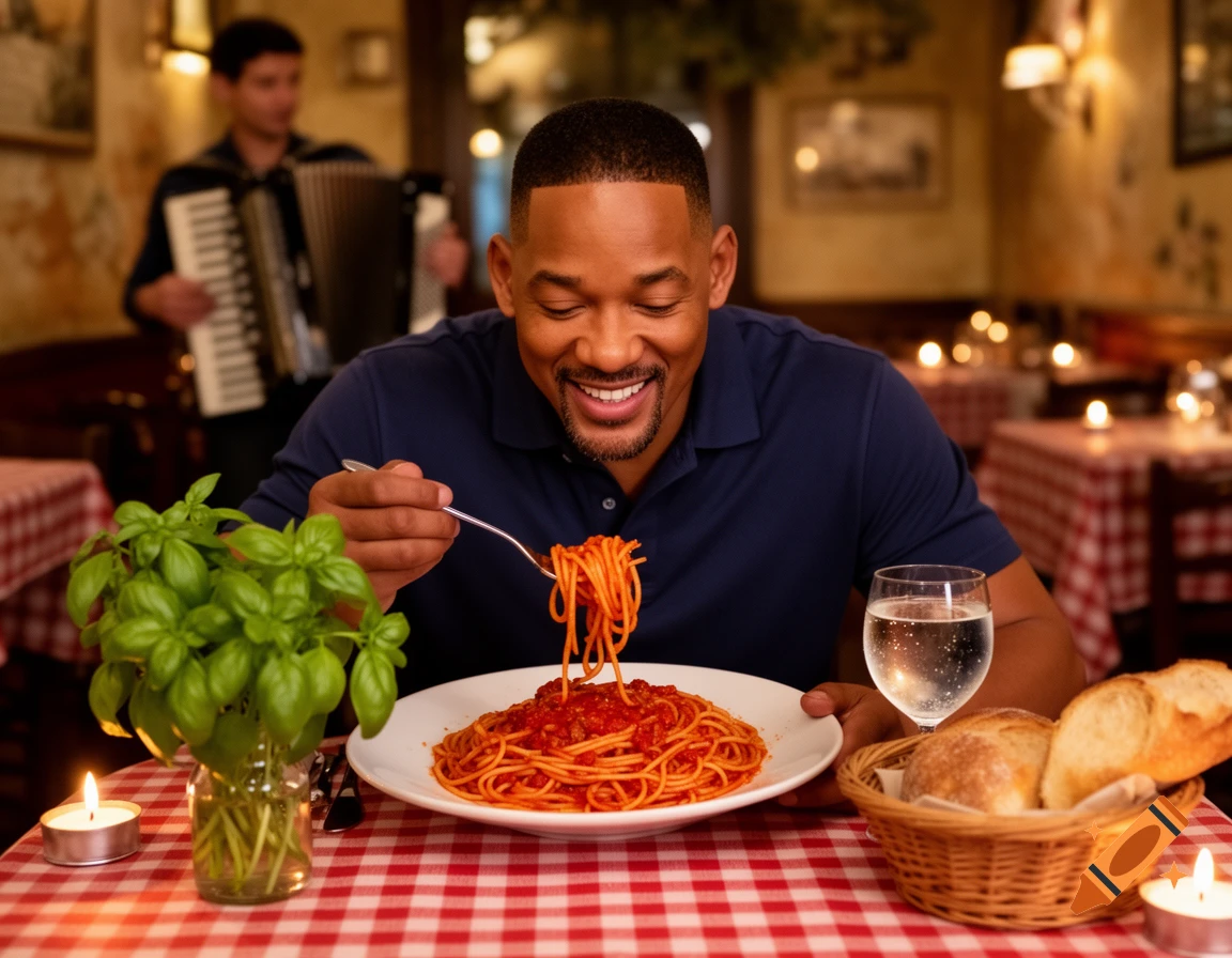 Will Smith smiling as he eats a plate of spaghetti with red sauce in a dimly lit Italian restaurant.