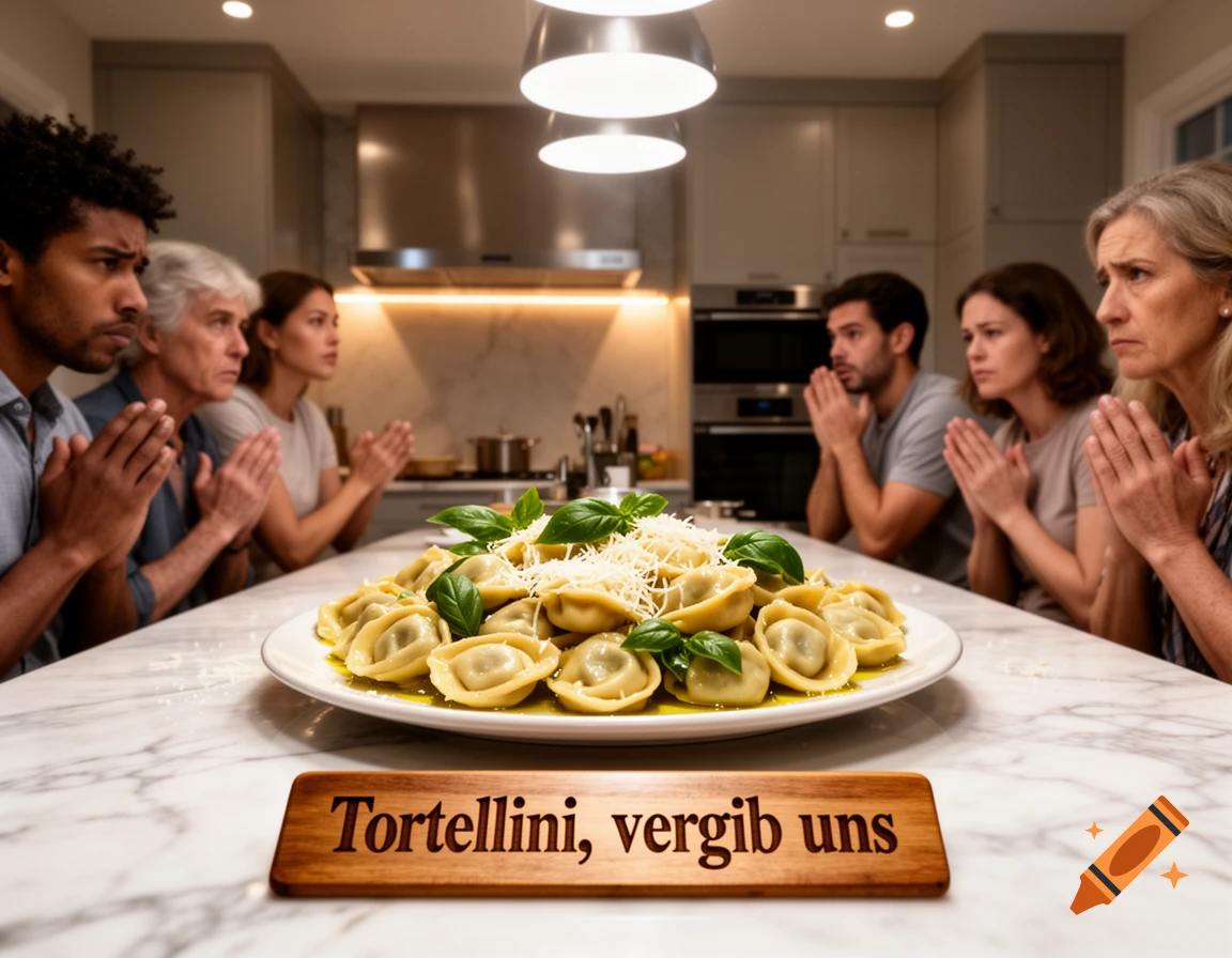 People with clasped hands praying over a plate of tortellini in a modern kitchen, with a sign reading 'Tortellini, forgive us'.