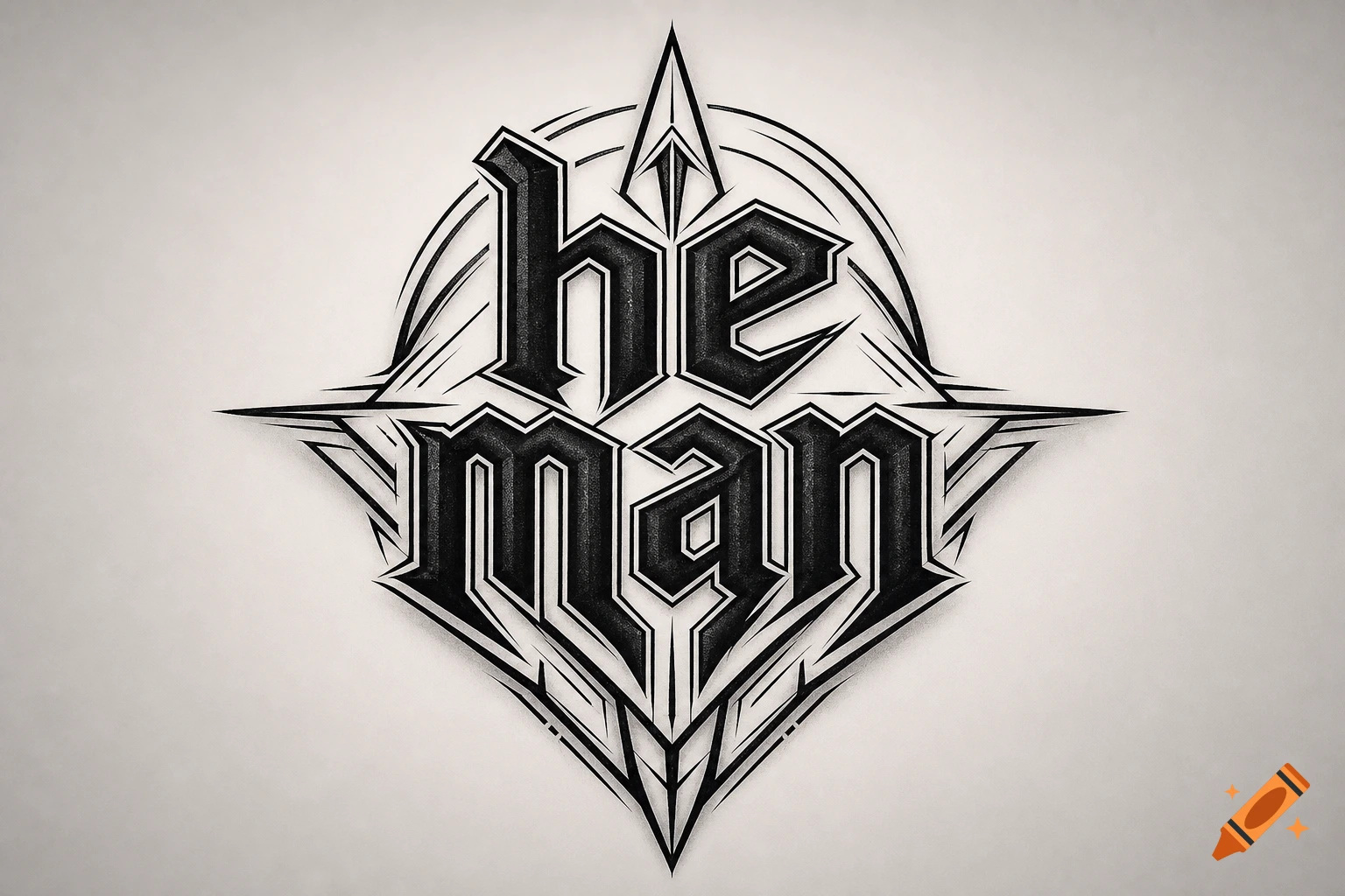 Stylized black and white Gothic-style typography spelling 'he man' within a sharp, abstract frame.