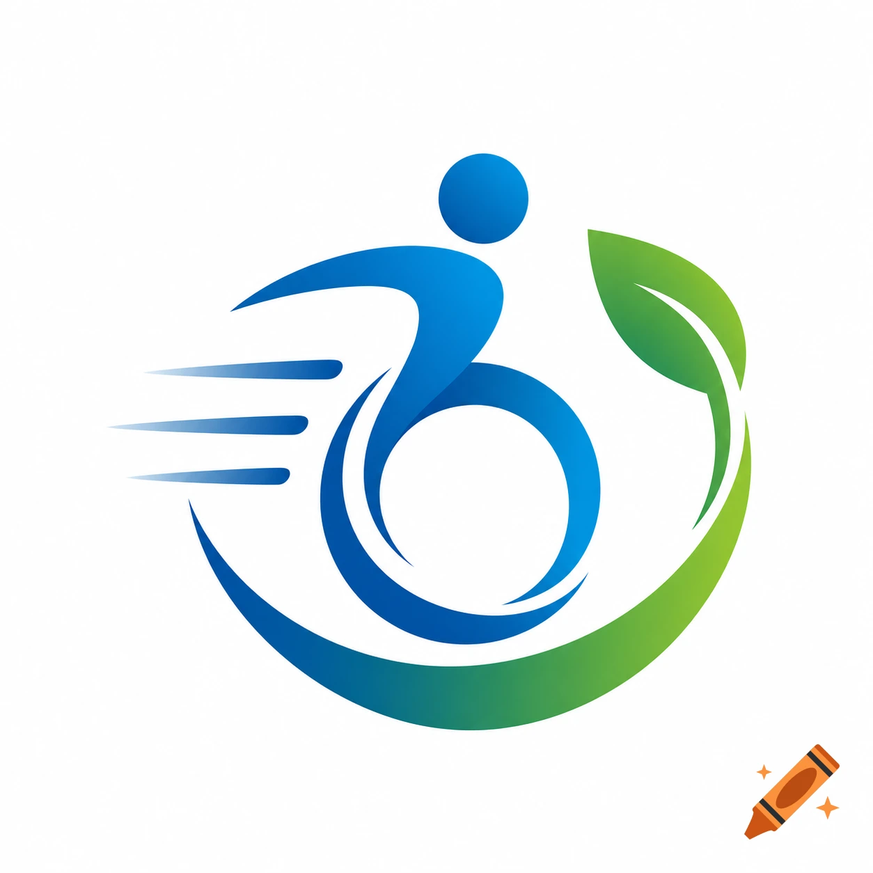 A blue and green gradient logo showing a stylized person in a wheelchair with speed lines and a curving leaf shape.