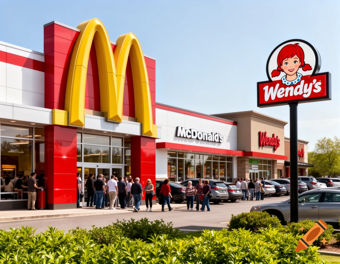 Photorealistic image of a McDonald's restaurant next to a Wendy's, with customers and cars in the parking lot.