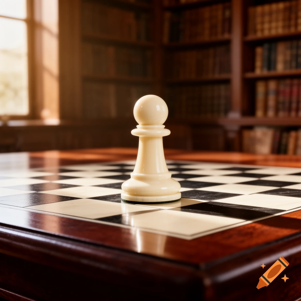 A white chess pawn stands on a wooden chessboard in a sunlit library, with bookshelves in the background.