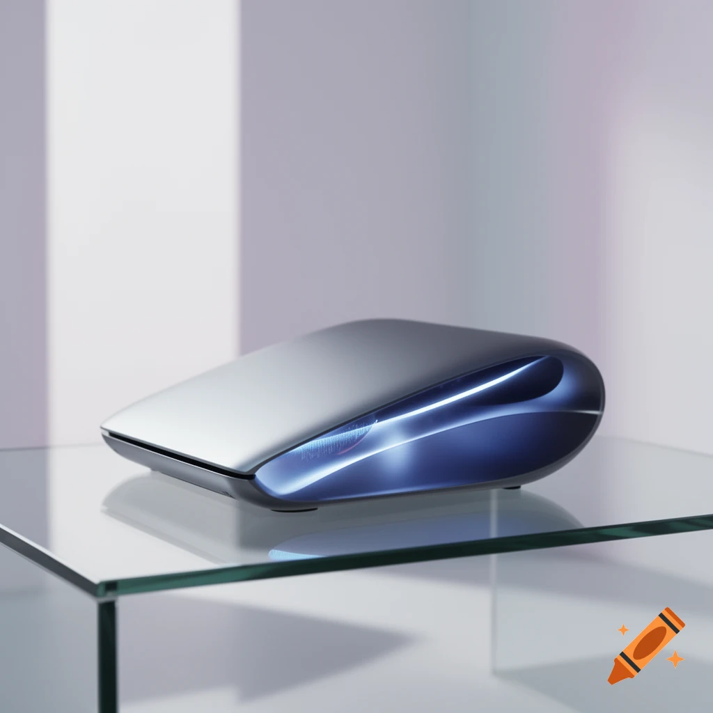A sleek, silver-blue futuristic electronic device with glowing blue accents rests on a clear glass table in a minimalist setting.