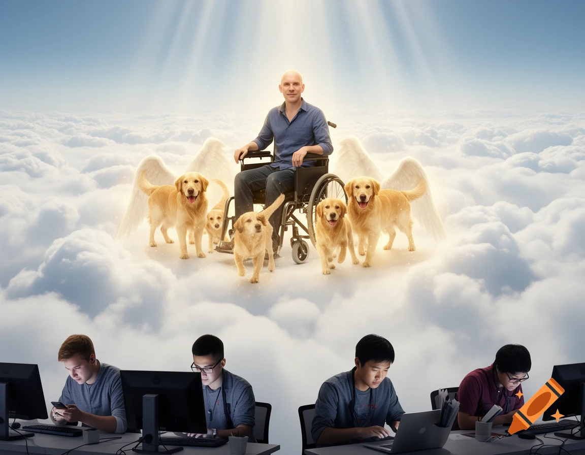 A man in a wheelchair with winged golden retrievers in the clouds above, looking down at four men working on computers and smartphones in an office.