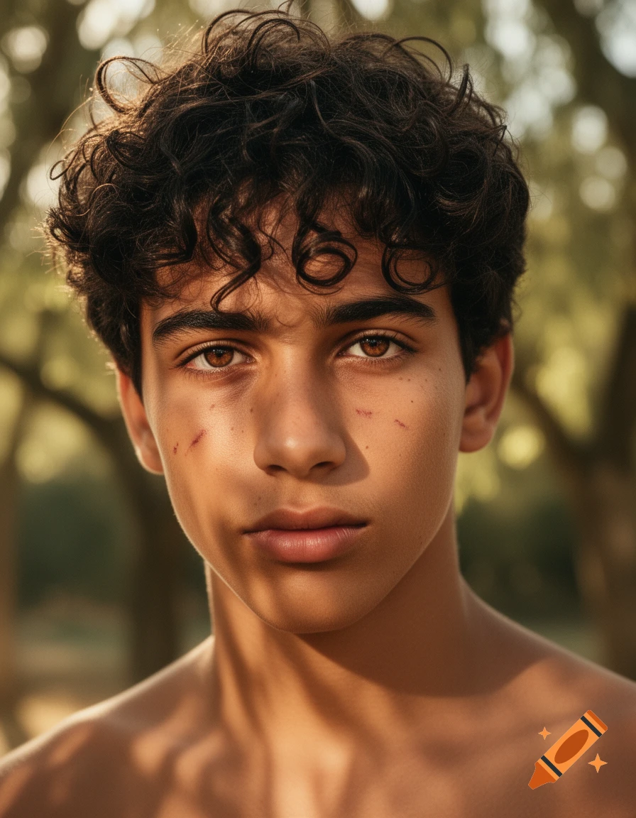 Photorealistic portrait of a teenage boy with messy dark curly hair, warm brown eyes, tanned skin, and faint scars on his cheeks.