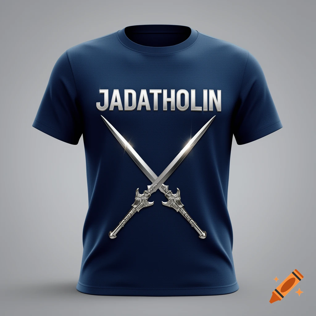 A navy blue t-shirt mockup with the silver text 'JADATHOLIN' and two crossed silver fantasy spears.