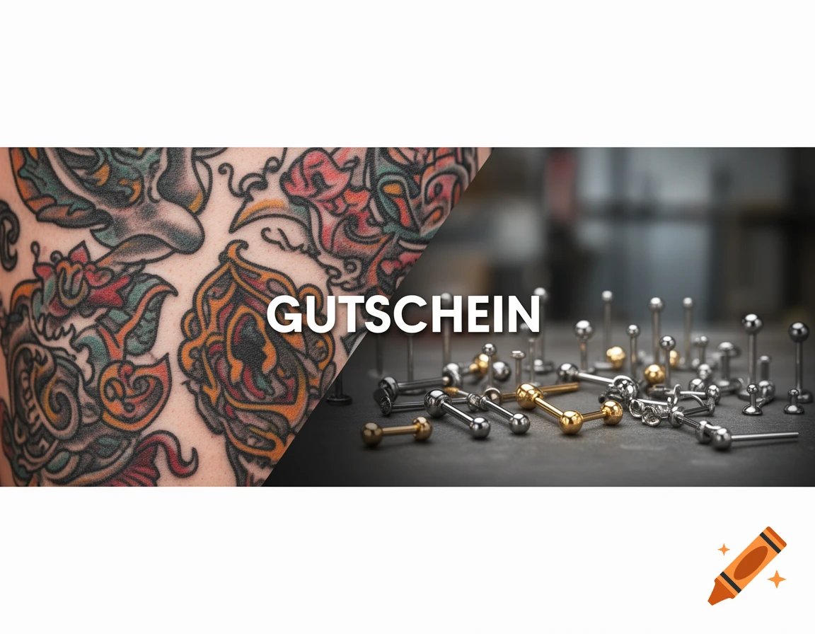 A diagonally split image with colorful tattoos on an arm on the left, and metallic body piercings on the right. The word 'GUTSCHEIN' is written across the center.