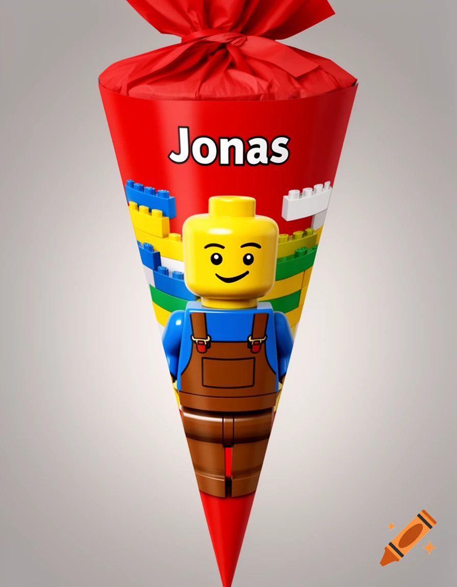 A red school cone featuring a smiling Lego minifigure in blue and brown overalls, with the name 'Jonas' and colorful Lego bricks.