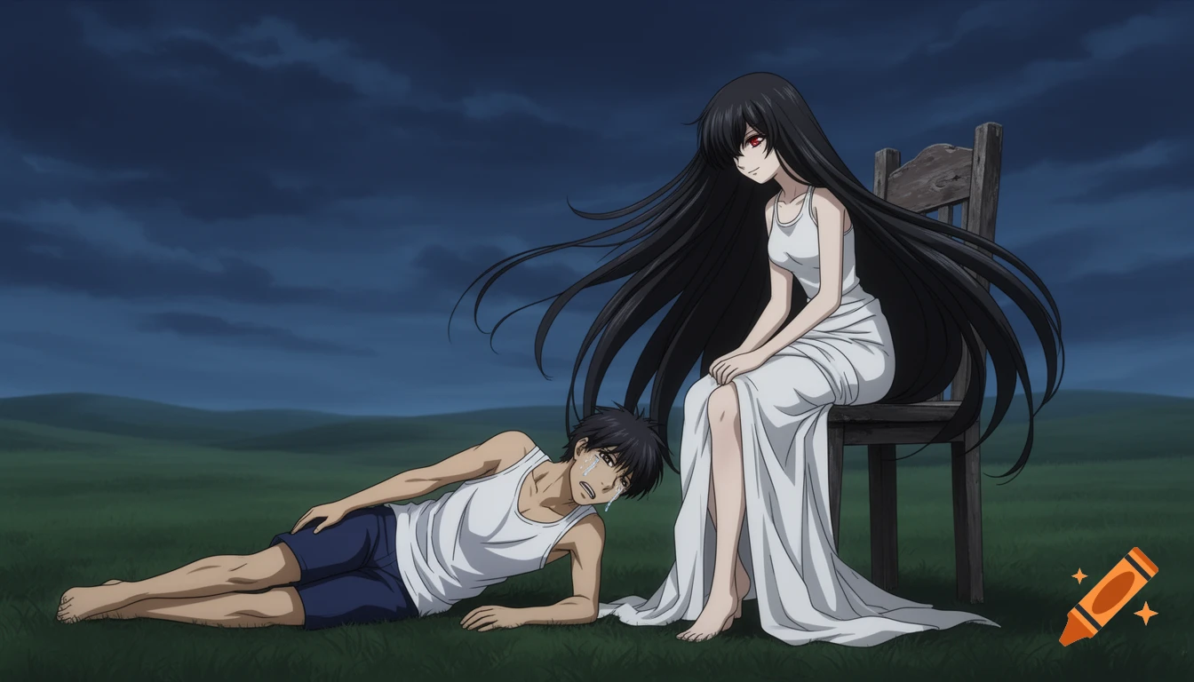 An anime still depicts a sad young man crying on the grass at the feet of a serene woman with long black hair, sitting on a wooden chair under a dark sky.