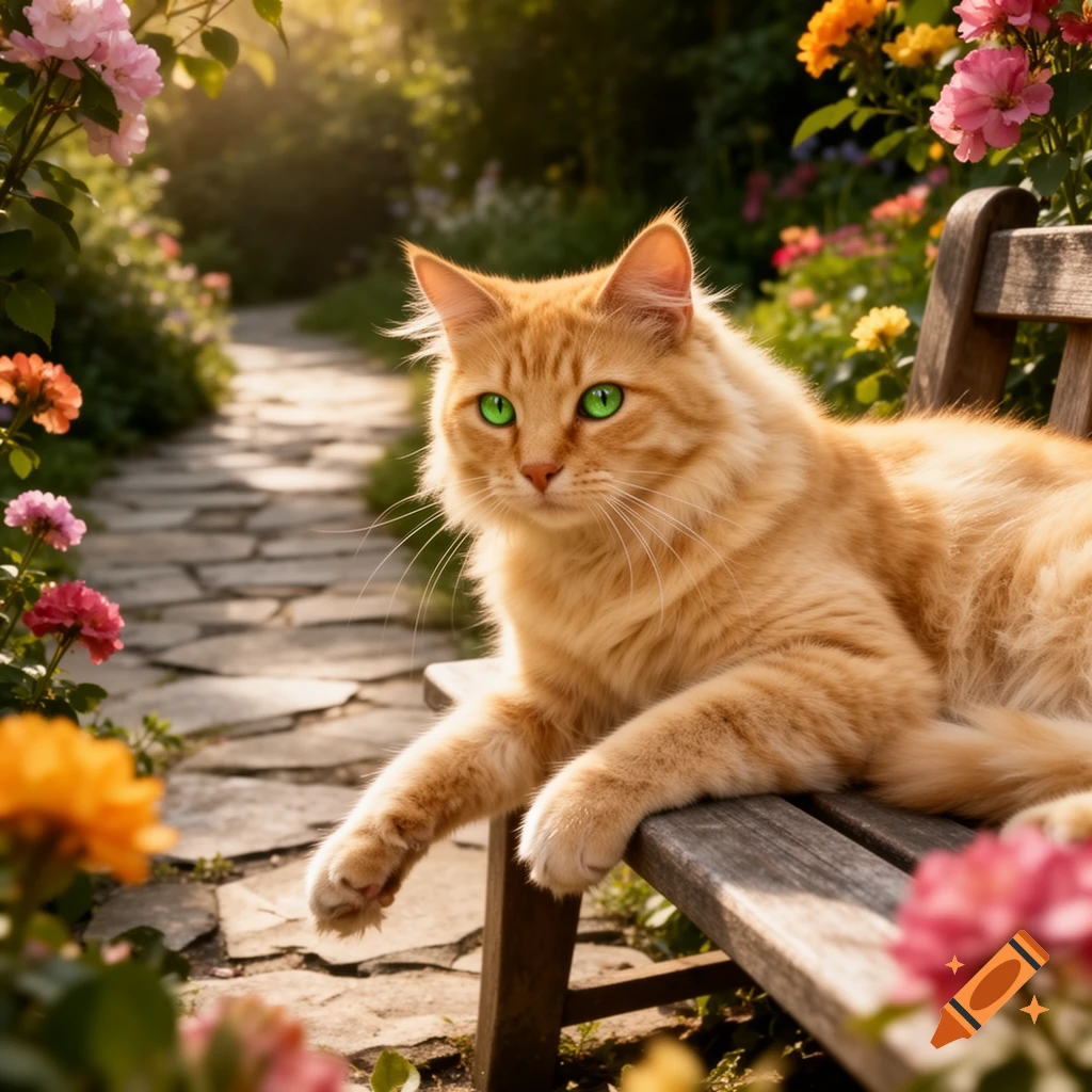An orange fluffy cat with bright green eyes lies on a wooden bench in a sunlit garden with a stone path and colorful flowers.