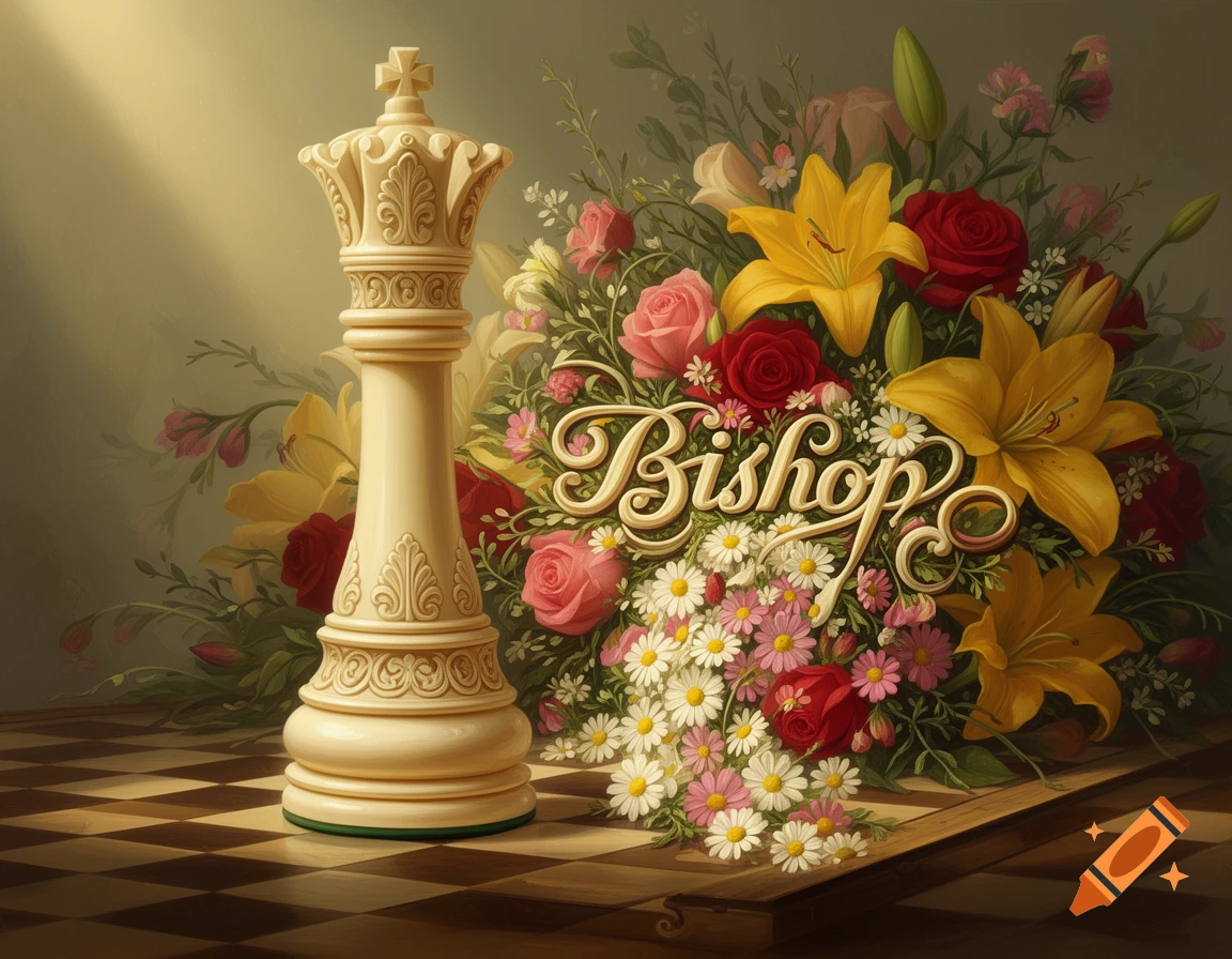 An ornate white chess bishop stands on a chessboard, behind a vibrant bouquet of flowers with the word 'Bishop' in a painted style.