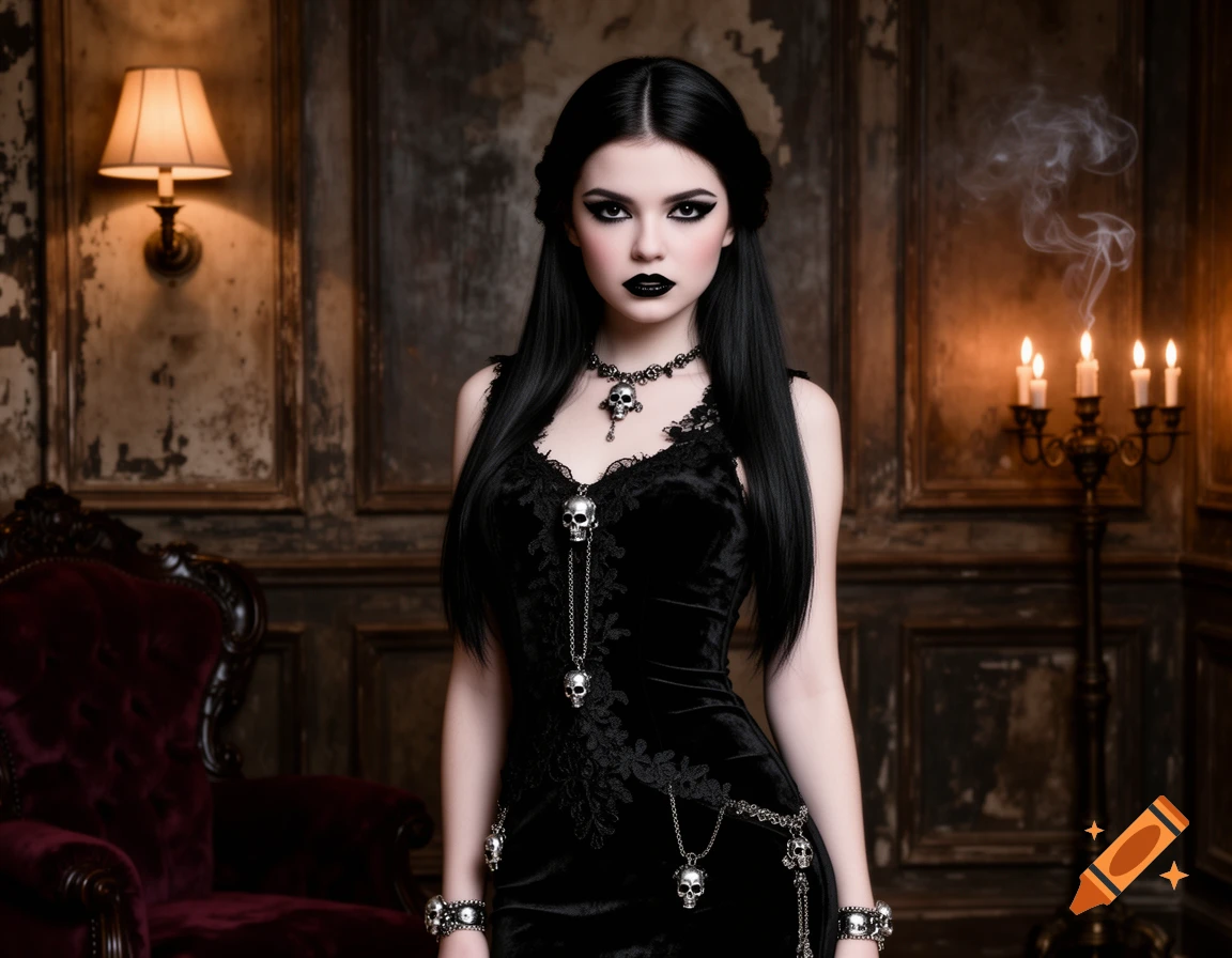 A gothic woman with long black hair, dark makeup, and a black velvet dress adorned with skull jewelry stands in a dimly lit, ornate room.