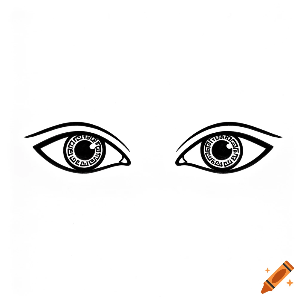 A simple black ink drawing of two stylized human eyes on a white background, with geometric tribal patterns within the irises.