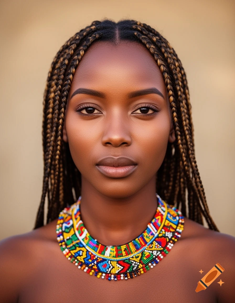 Close-up portrait of a young East African woman with braided hair and a vibrant, colorful beaded necklace, looking straight ahead.