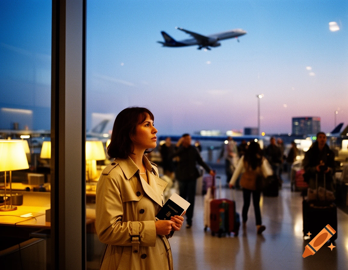 A woman in a trench coat holds a passport in an airport lounge, looking at an airplane taking off at dusk, film grain style.