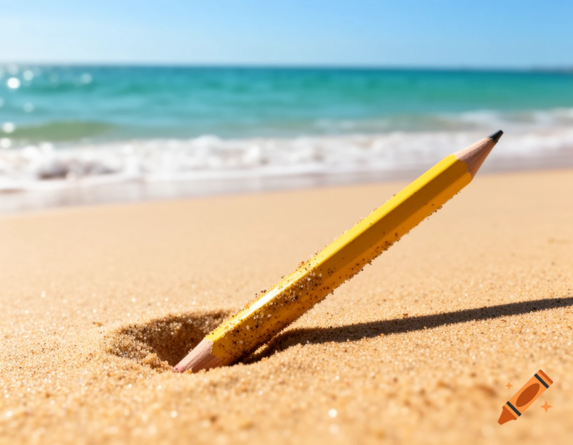 A yellow pencil stands upright in golden beach sand, with the turquoise ocean and sunny sky in the background.