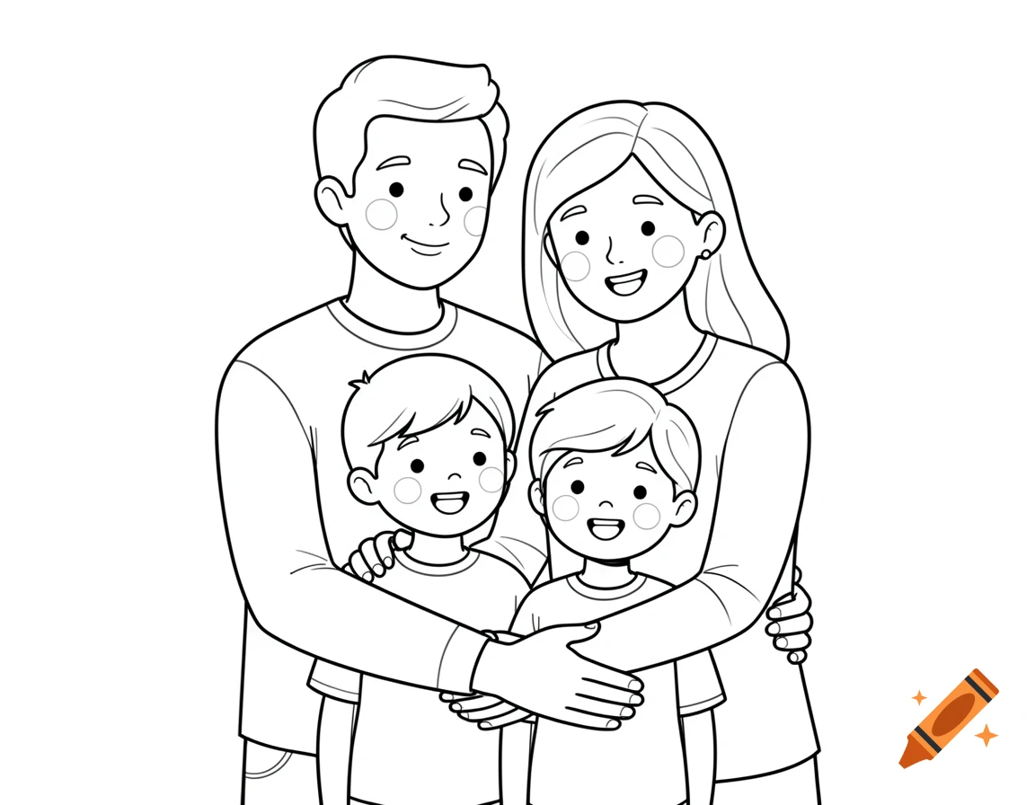 Line art illustration of a smiling family with two parents and two young sons, suitable for a coloring page.