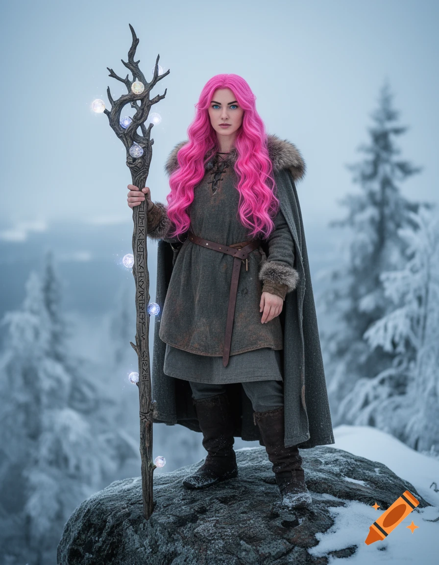 A woman with long, bright pink hair in Norse-inspired clothing holds a glowing wizard staff in a snowy mountain landscape.