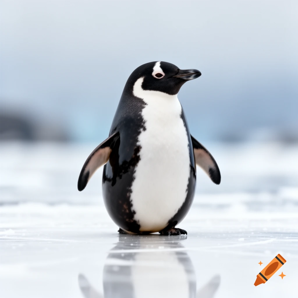 A photorealistic close-up of a penguin standing on a reflective ice surface, with a blurry light blue background.