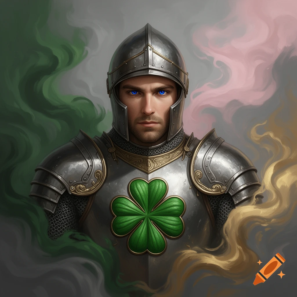 A fantasy portrait of a knight in shining armor with a green four-leaf clover on his chest and glowing blue eyes, against a smoky green, pink, and gold background.