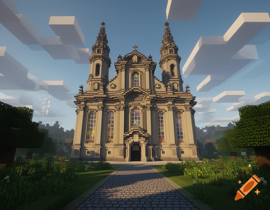 A grand Minecraft-style church with twin spires and colorful stained-glass windows, situated in a blocky, landscaped garden under a blue sky.