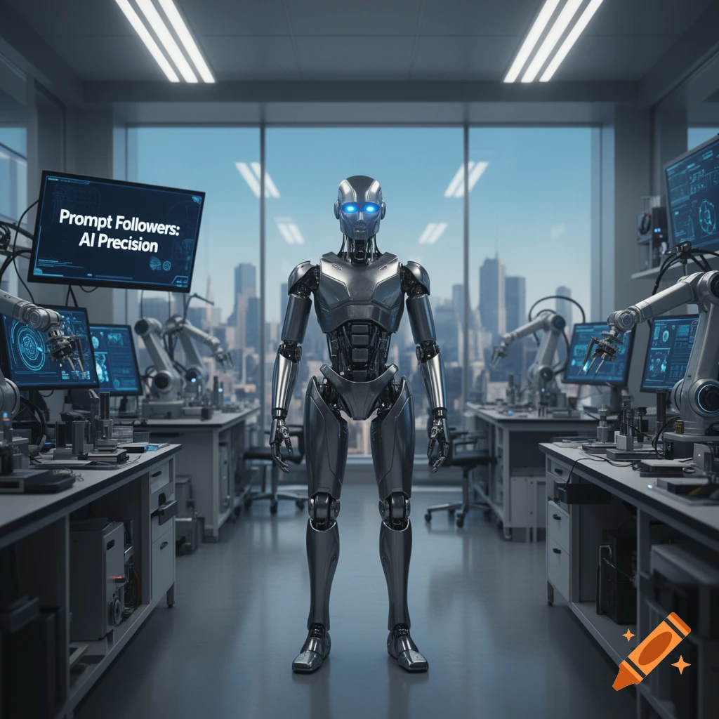 A metallic humanoid robot with glowing blue eyes stands in a futuristic AI lab, surrounded by computer screens and robotic arms, with a city skyline visible through large windows.