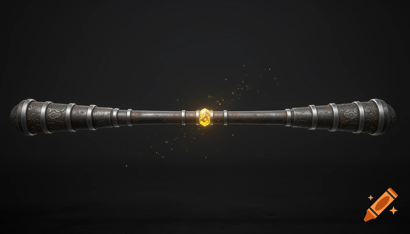 A dark weathered metal combat magic staff with engraved patterns, a glowing golden crystal in the center, on a dark background.